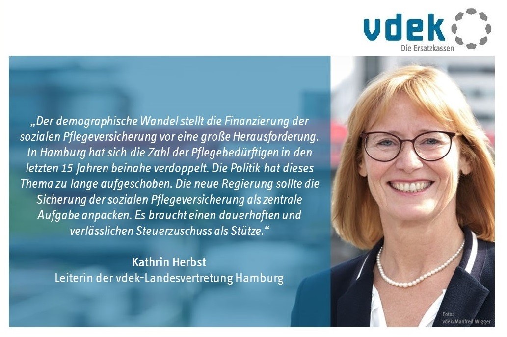 Grafik mit Zitat von Kathrin Herbst zur Pflegeversicherung, Bundestagswahl 2021