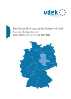 Blaue Deutschlandkarte auf weißem Hintergrund, Sachsen-Anhalt ist in hellerem Blau gehalten, darüber Überschrift in grau, oben rechts in der Ecke steht das vdek-Logo