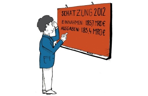 Grafik: Mann steht vor einer Tafel, auf der steht: Schätzung 2012, Einnahmen: 185,7 Mrd. €, Ausnahmen: 185,4 Mrd. €