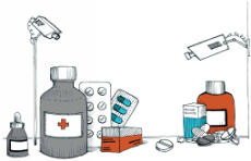 Grafik: Anordnung von Medikamentenpackungen, Tabletten und Fläschchen 