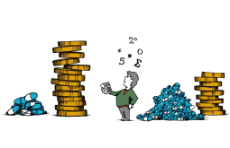 Grafik: Mann in der Mitte mit mathematischen Zeichen über seinem Kopf schwebend, neben ihm jeweils Geldmünzenberge und Arzneimittelhäufchen