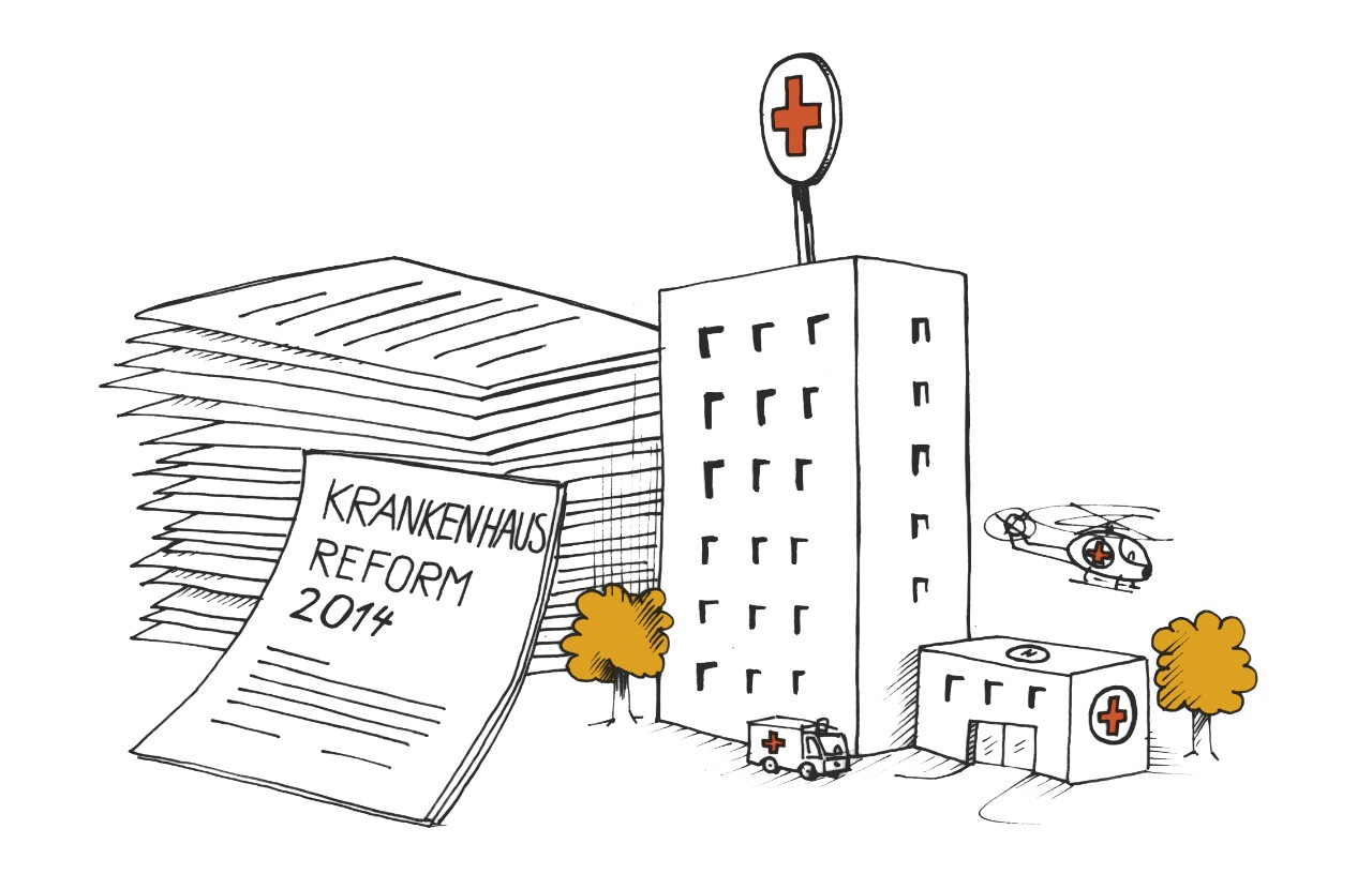 Illustration: Miniaturkrankenhaus, daneben ein Stapel Papier. Auf einem heruntergefallenen Papier steht "Krankenhausreform 2014"