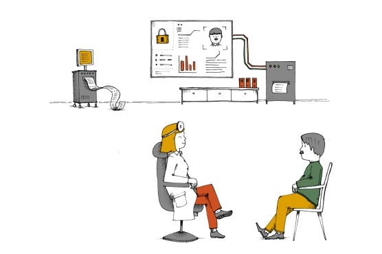 Illustration: Ärztin und Patient vor einer elektronischen Gesundheitskarte