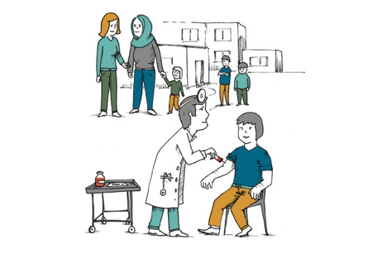 Illustration: Ein Arzt impft einen asylsuchenden Patienten